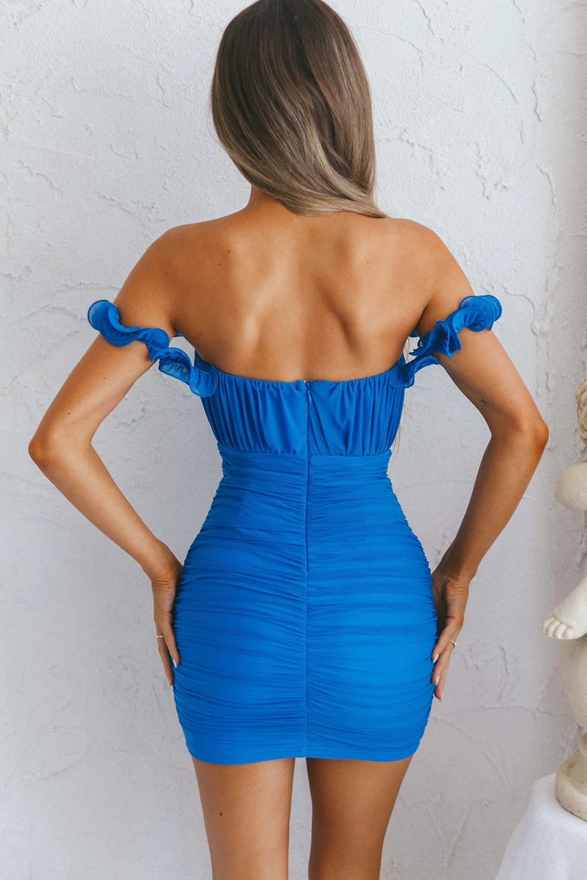 Senorita Off-Shoulder Lettuce Edge Detail Ruched Mini Dress Blue