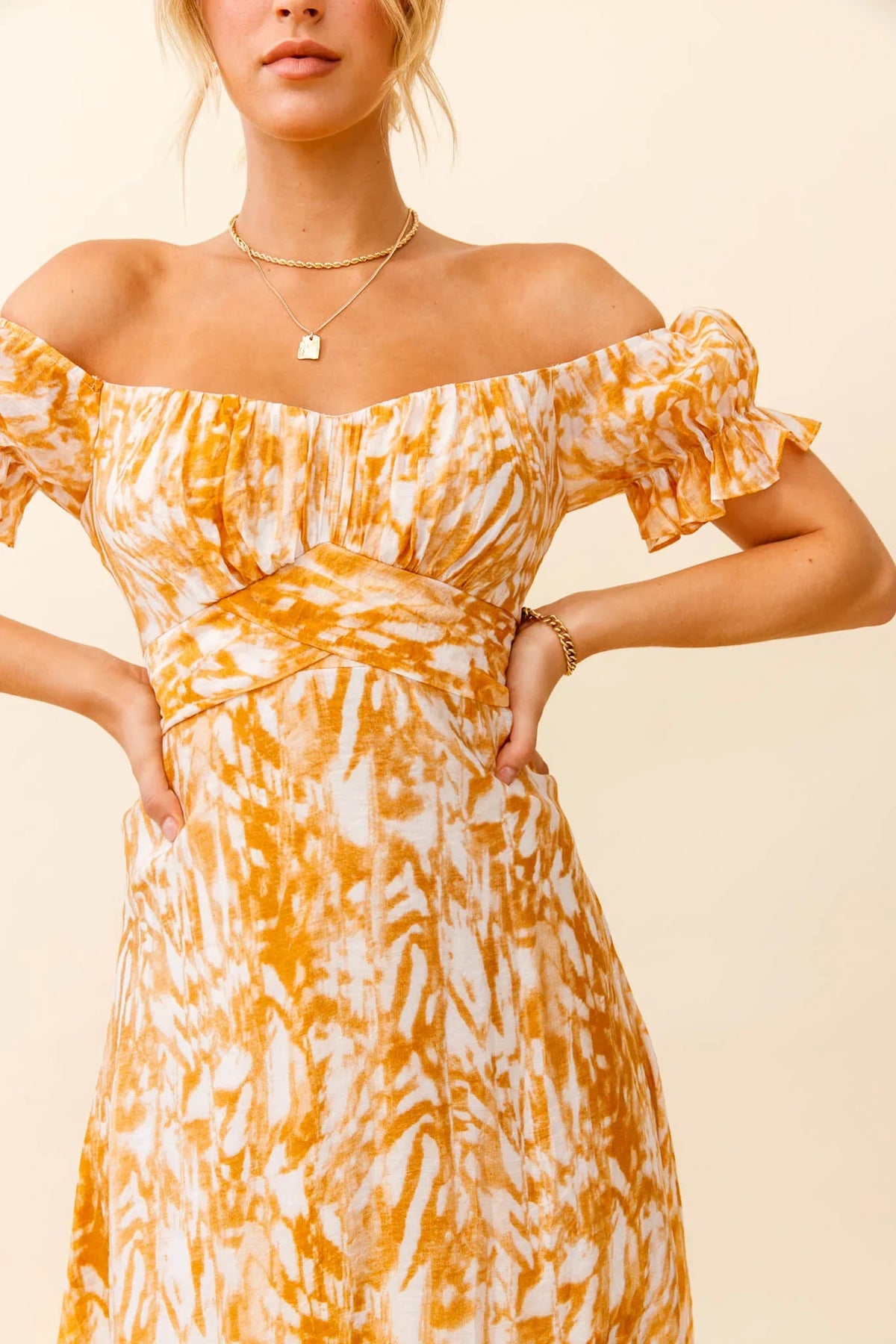 Linka Off-Shoulder Tie Back Midi Dress Printed Orange