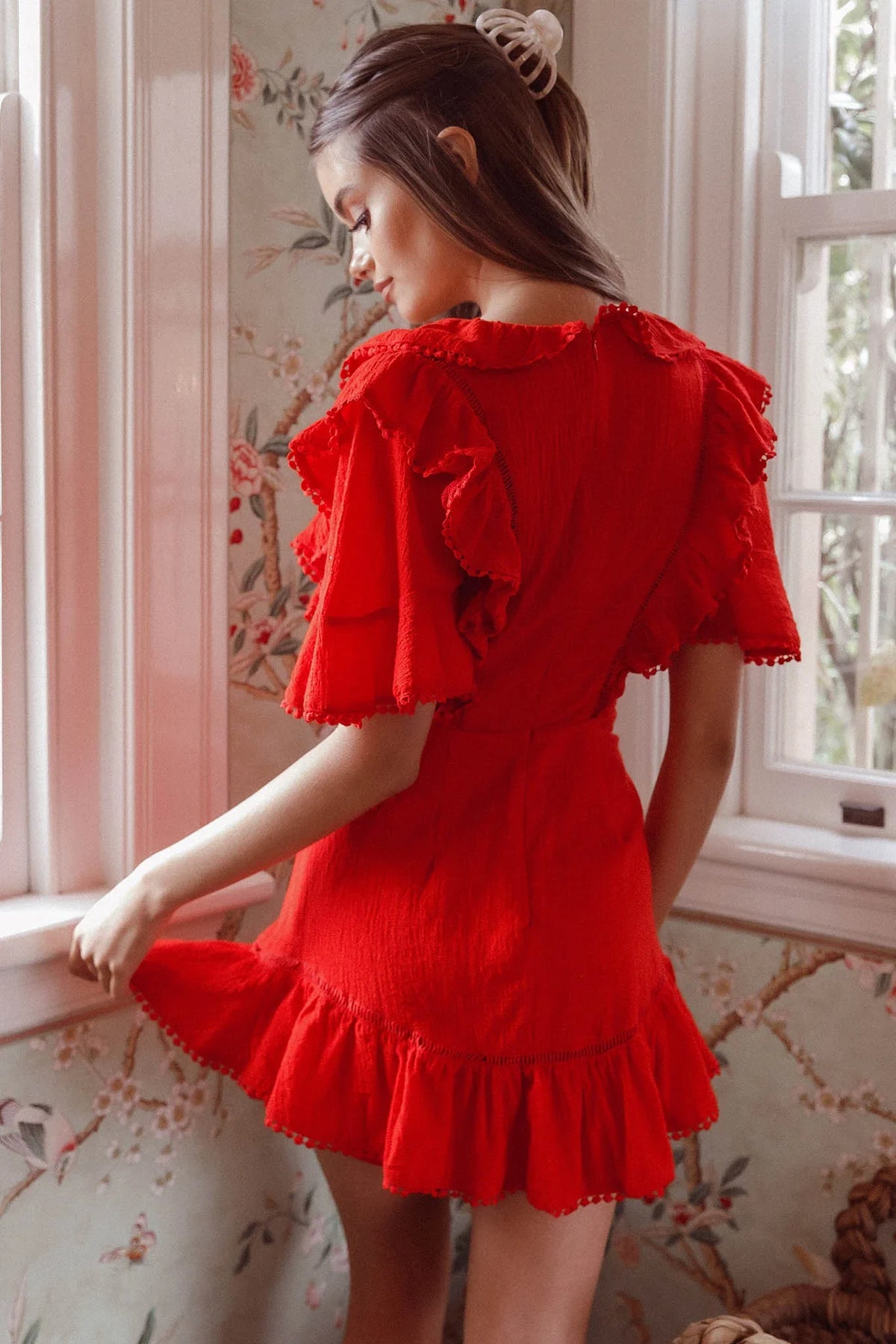 Shay Ruffle Lace Trim Mini Dress Red
