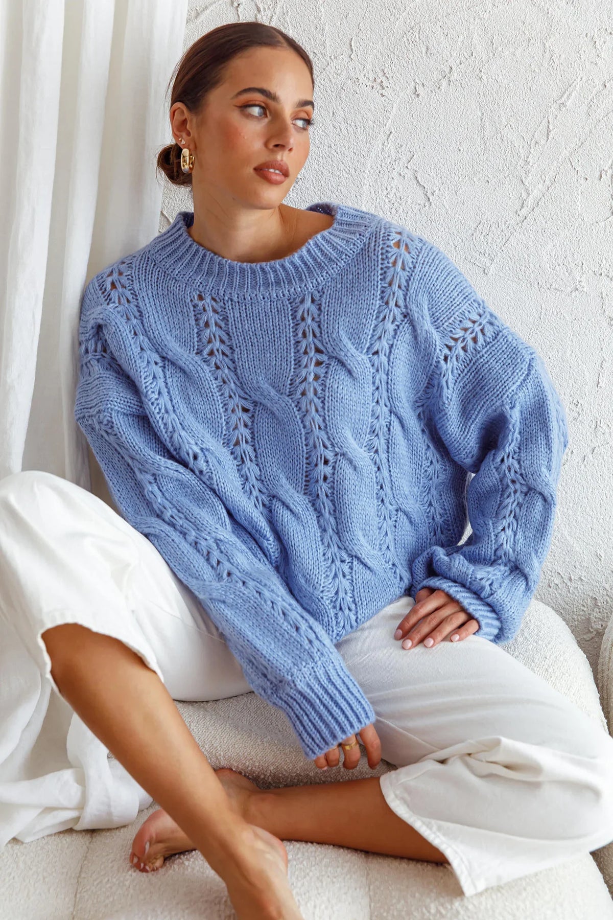 Nicola Long Sleeve Chunky Cable Knit Sweater Blue