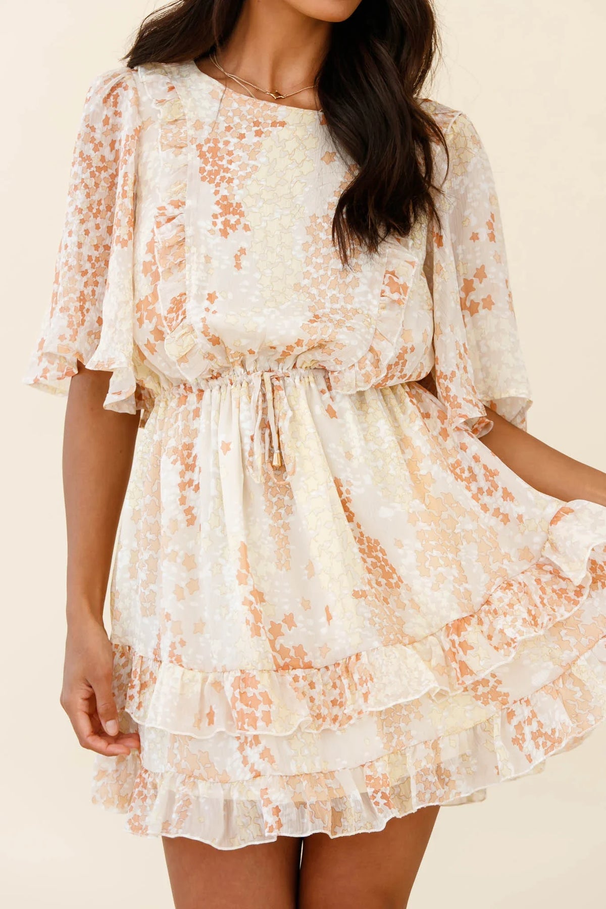 Stars Aligned Angel Sleeve Drawstring Waist Dress Star Print Orange