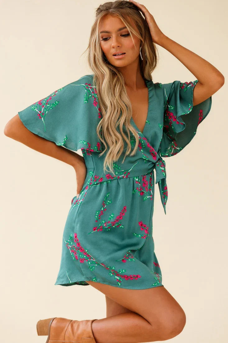 Stealing Hearts Flutter Sleeve Wrap Front Dress Floral Print Olive