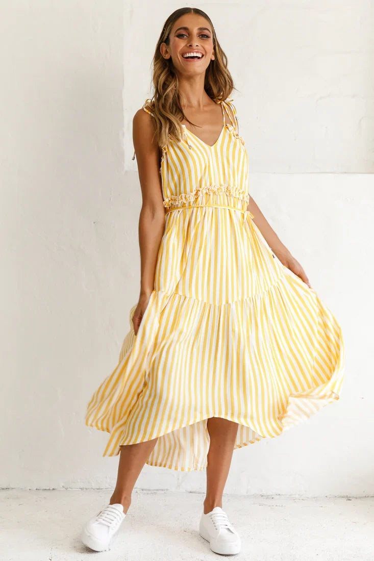 Santa Monica String Tie Maxi Dress Stripe Print Mustard