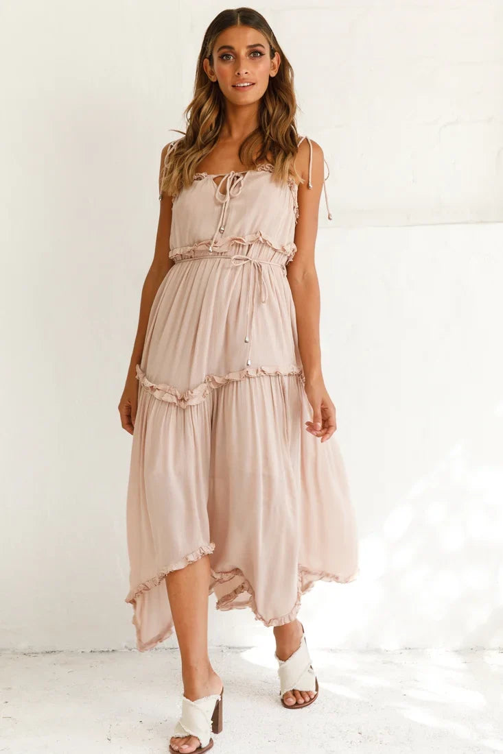 Santa Monica String Tie Maxi Dress Beige