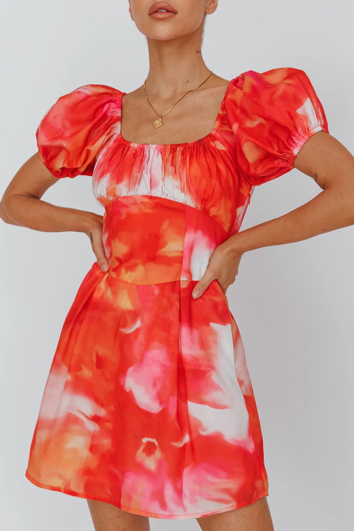 Shayna Puff Sleeve Mini Dress Print Red