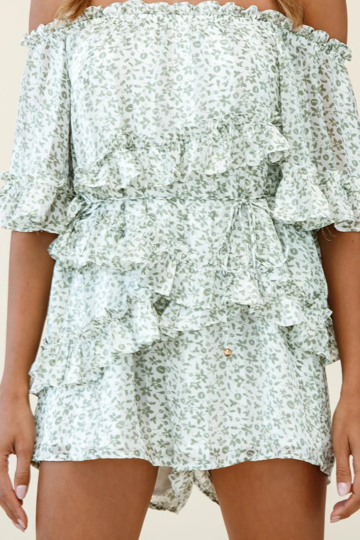Astoria Bardot Neckline Frill Romper Floral Print Green