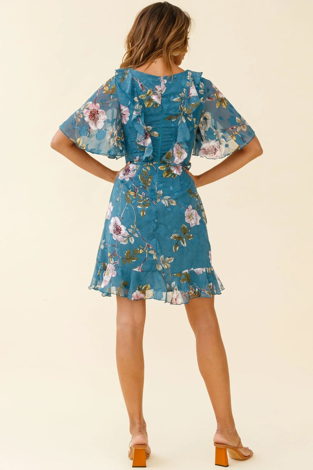 June Angel Sleeve Ruffle Detail Dress Floral Print Teal