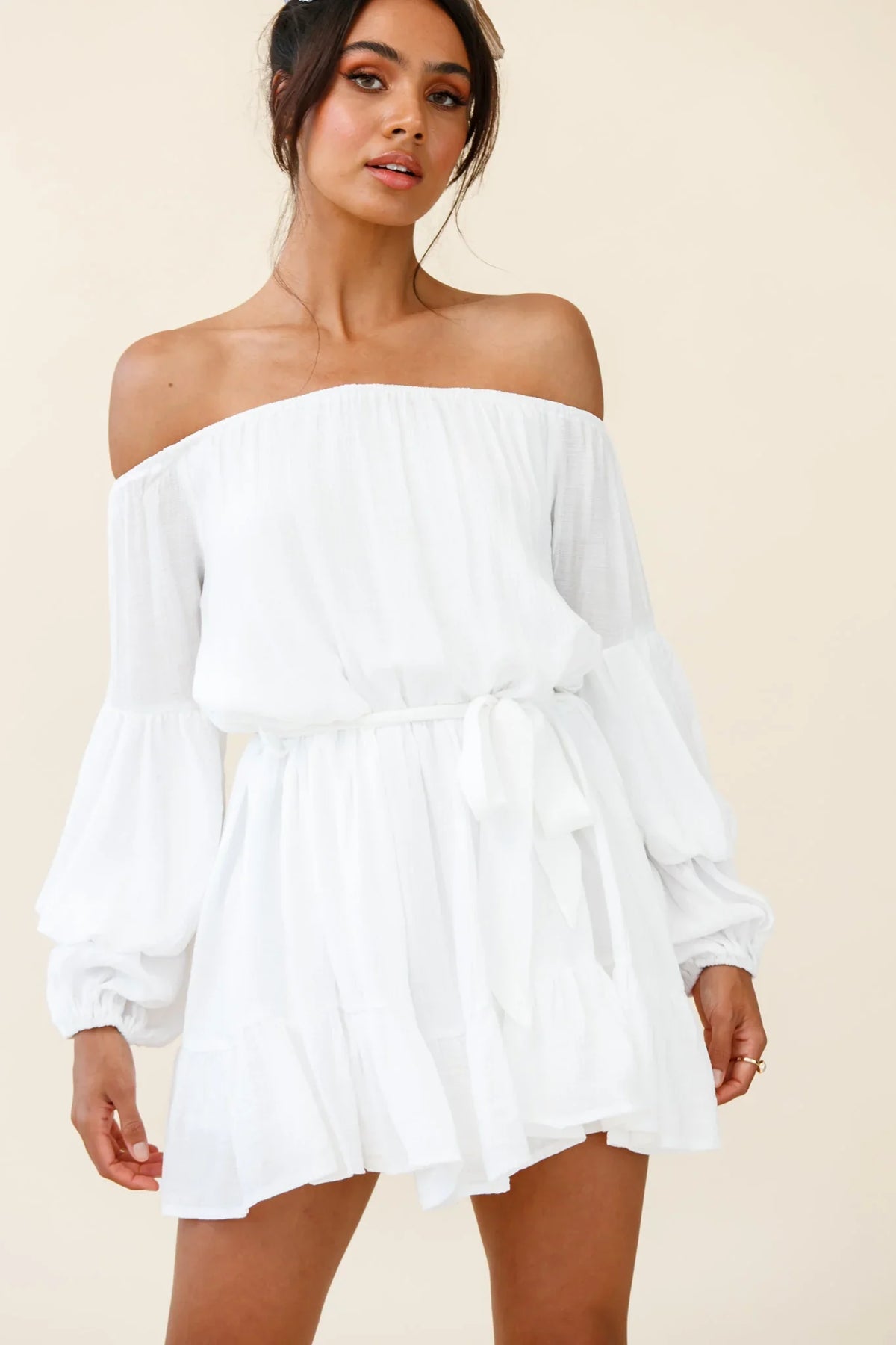 Frida Off-Shoulder Waist Tie Dress White