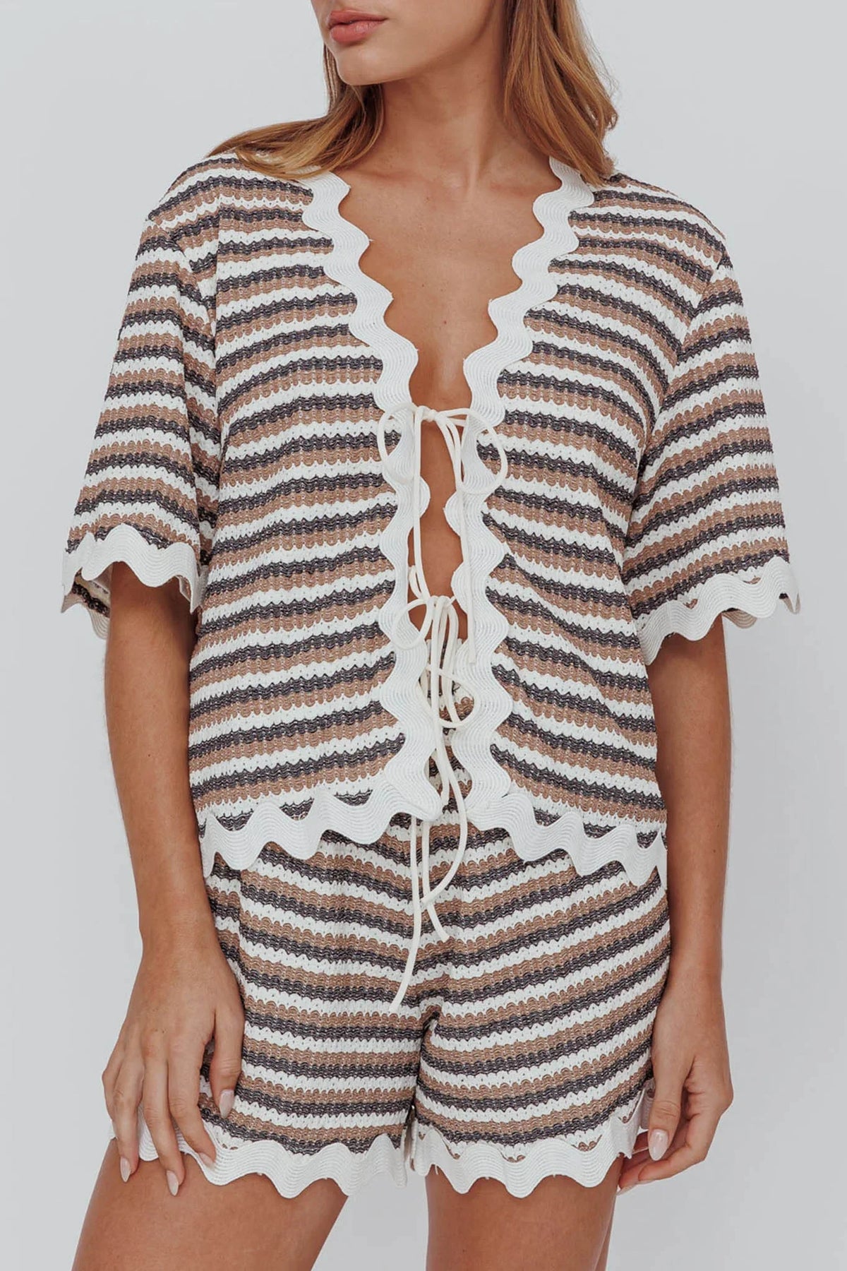 Breakaway Tie Front Shirt Stripe Mocha