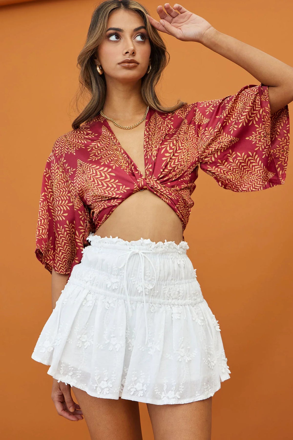 Rivera Deep-V Waist-Tie Top Leaf Print Wine