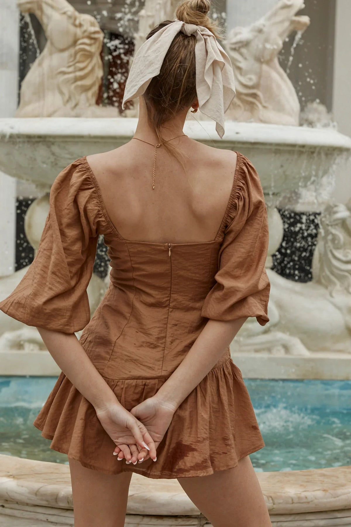 Summertime String-Tie Halterneck Puff Sleeve Mini Dress Mocha