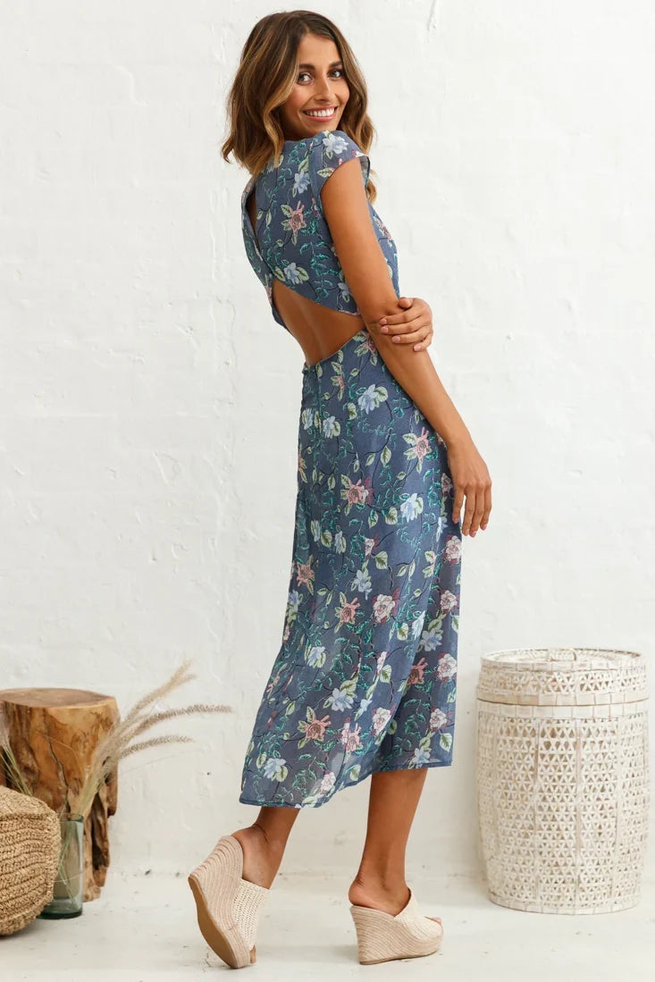Becky Cap Sleeve Crew Neck Midi Dress Floral Print Ink