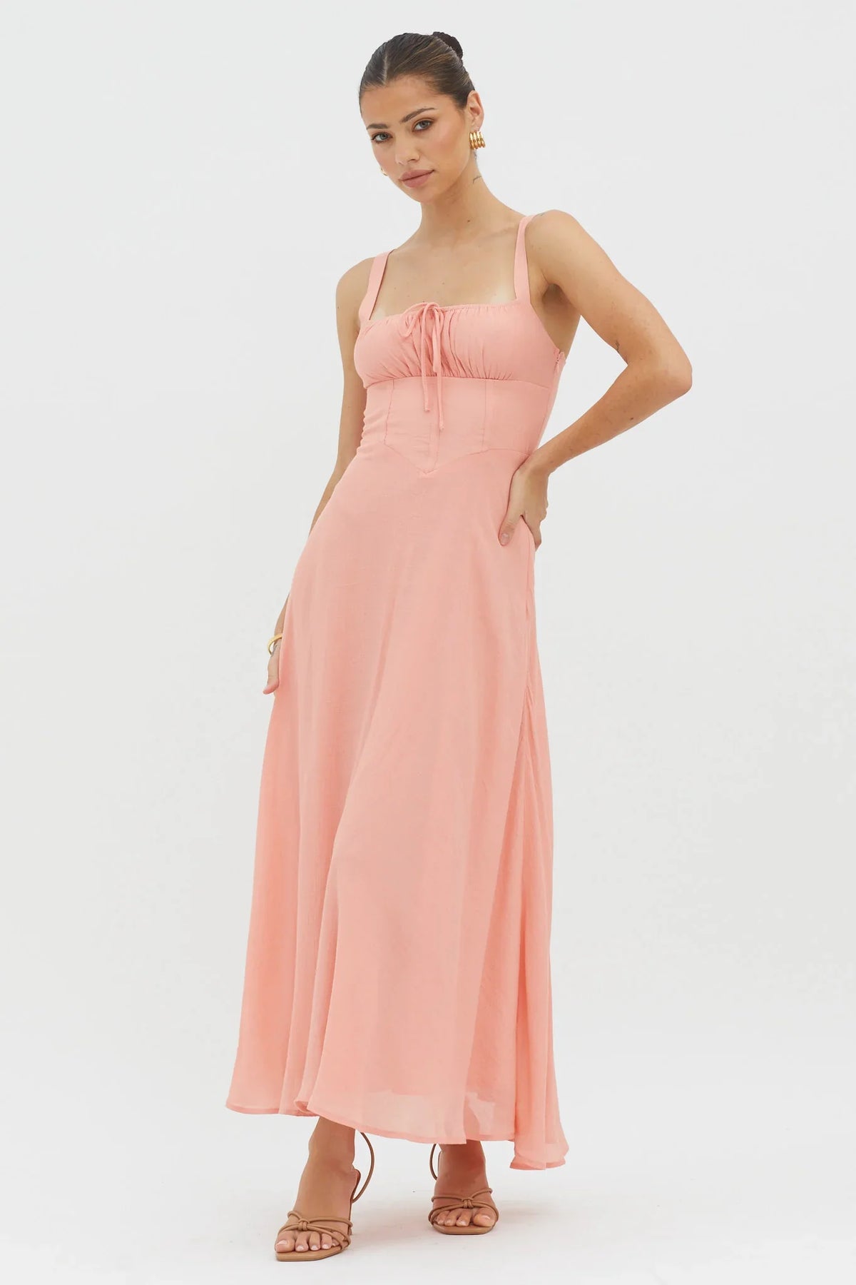 Sweet Pea Tied Bust A-Line Midi Dress Peach
