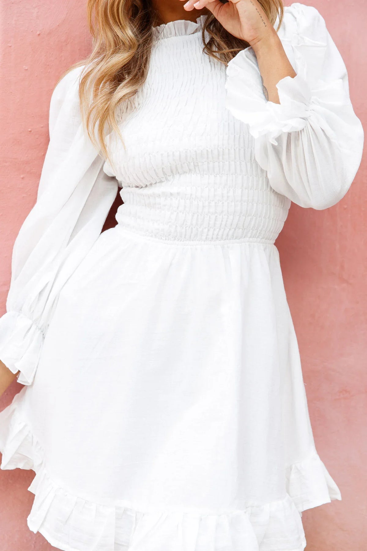 Marianna Long Sleeve Shirred Bust Dress White