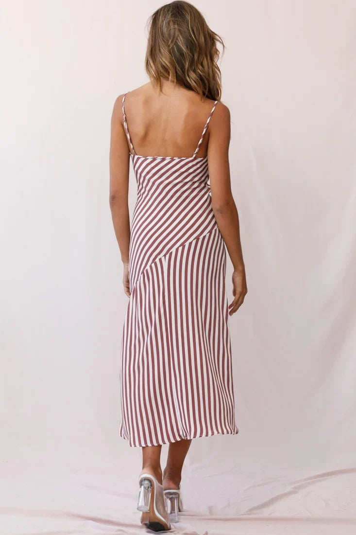 Downtown Cami Strap Front Split Midi Dress Stripe Print Rose