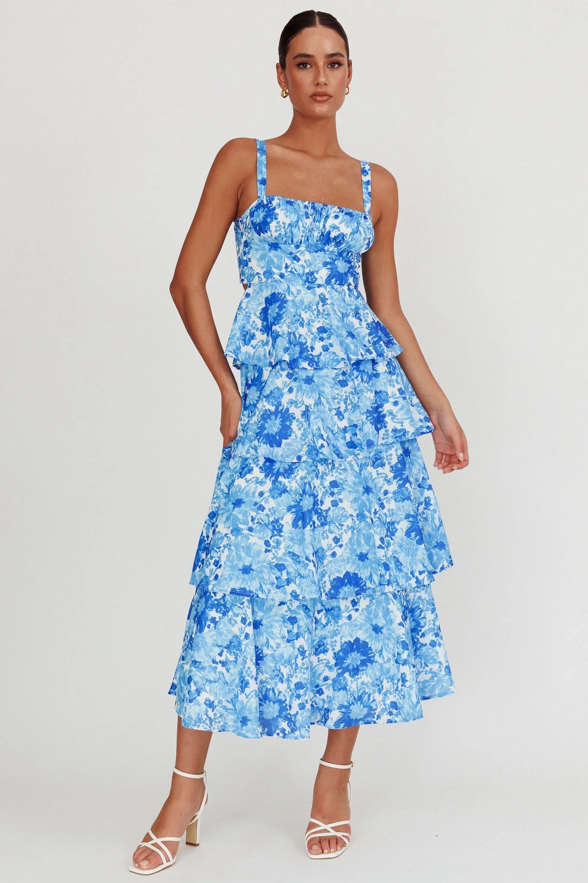 Provence Bloom Tiered Floral Maxi Dress Blue