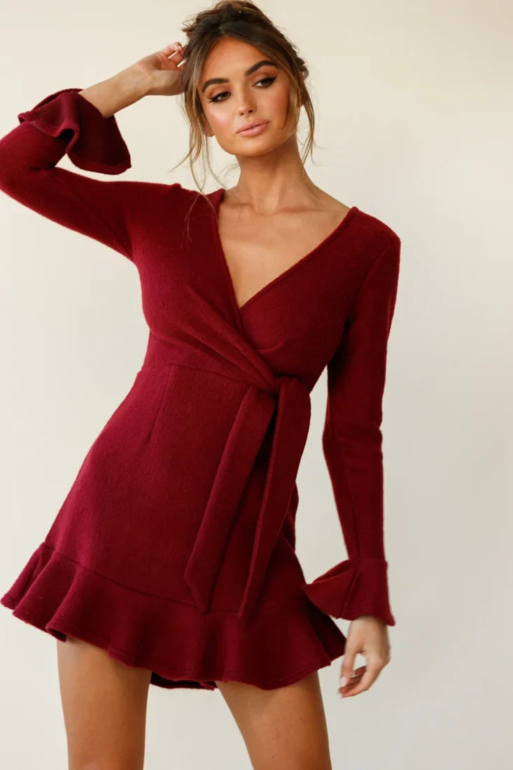 Shalini Flared Cuff Surplice Neckline Knit Dress Wine