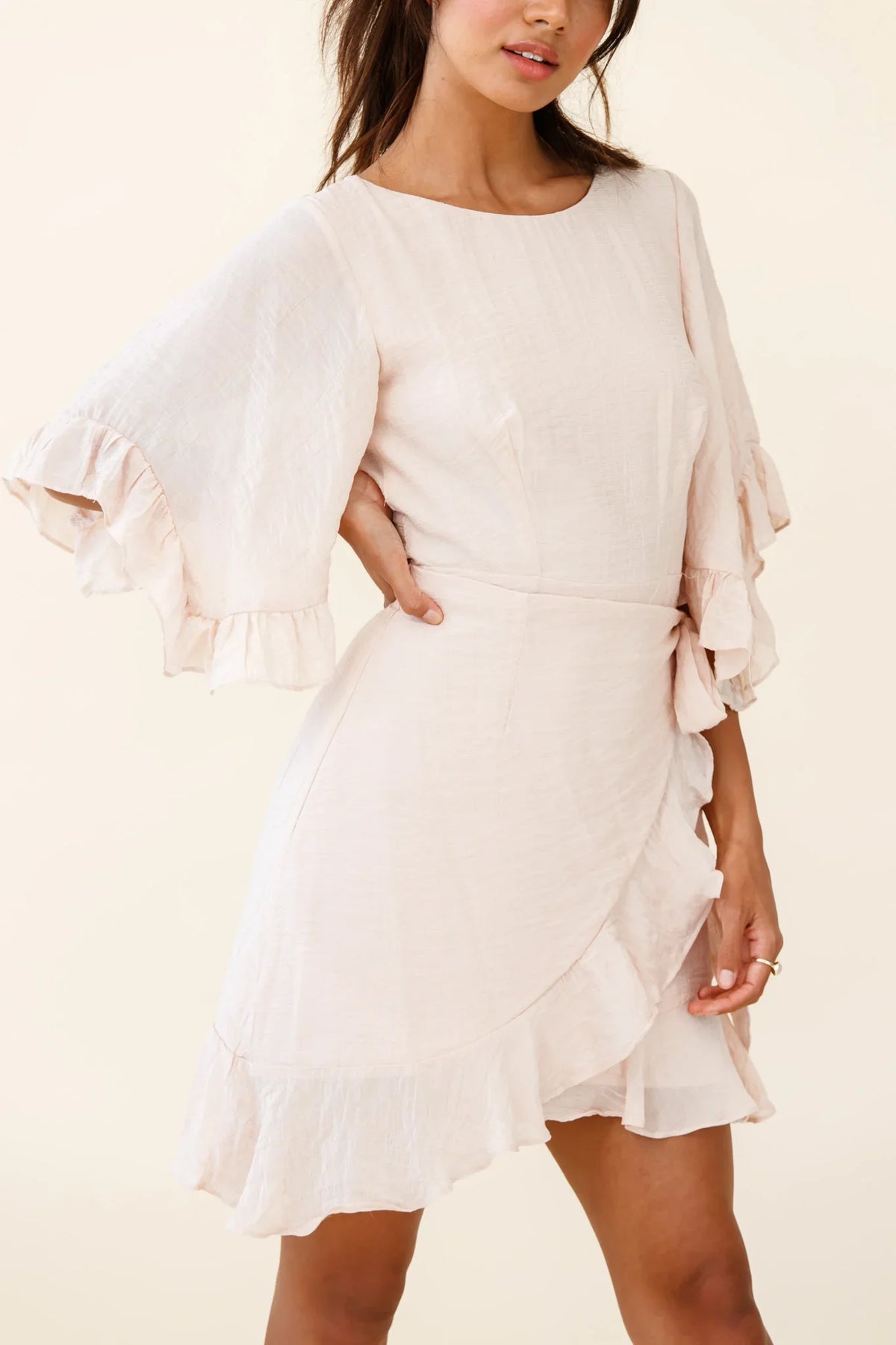 Make It Happen Flared Sleeve Ruffle Trim Dress Beige
