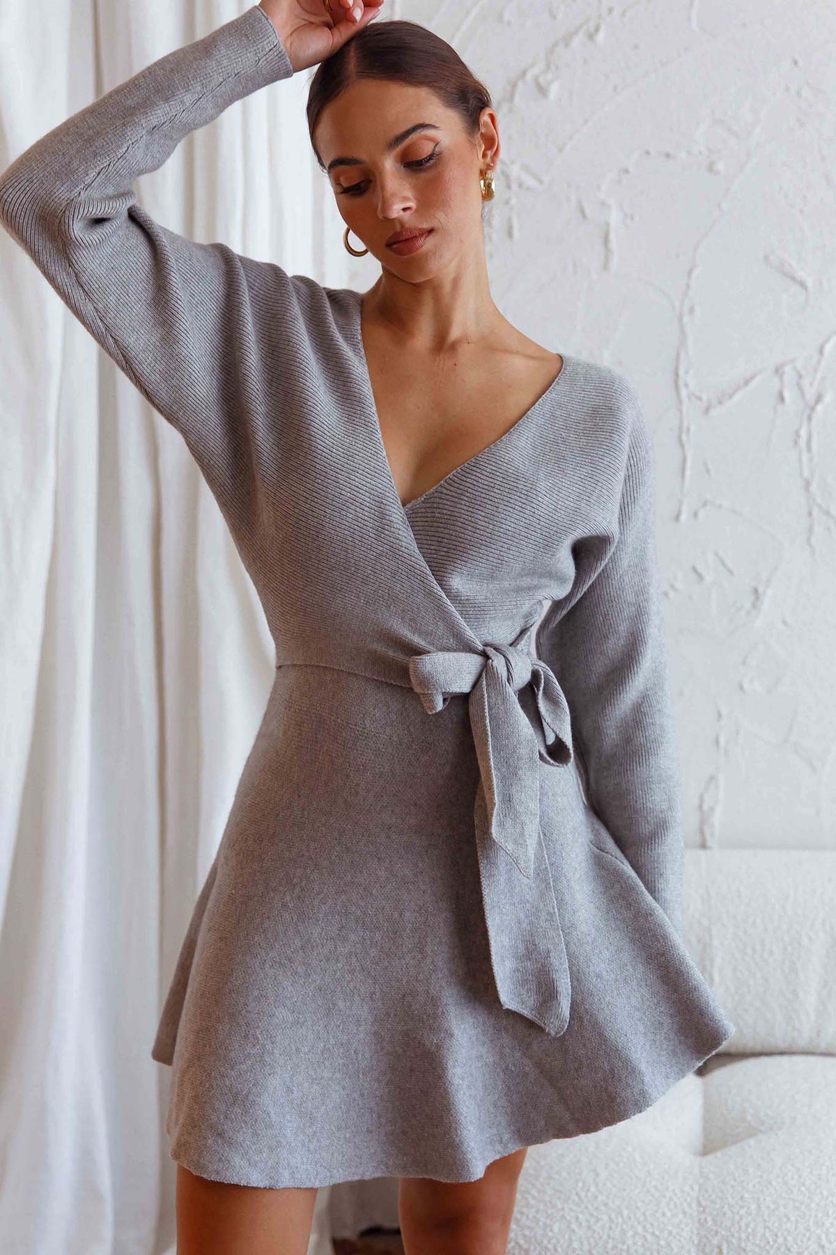 Shooting Star Long Sleeve Side Tie Knit Dress Grey
