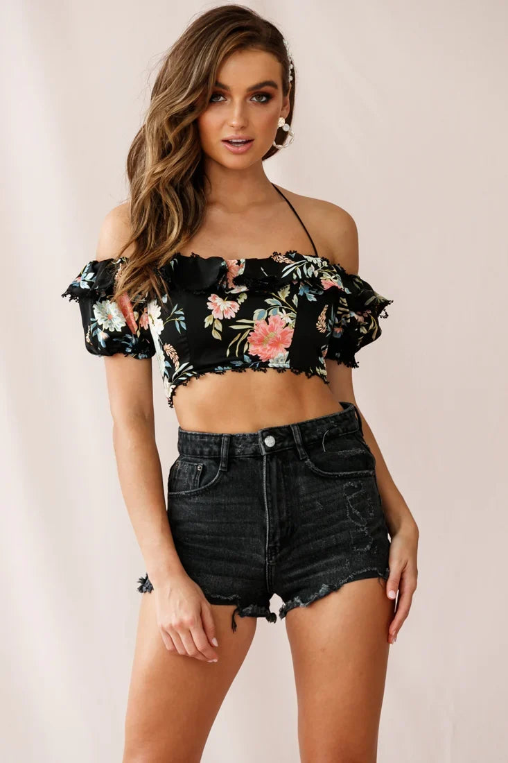 Dallas Halterneck Ruffle Sleeve Crop Top Floral Print Black