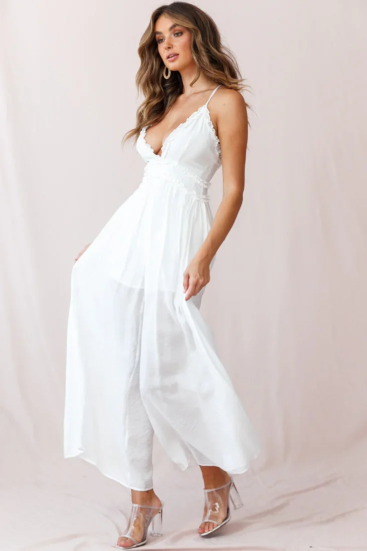 Laney Wide Leg Ruffle Detail Jumpsuit White