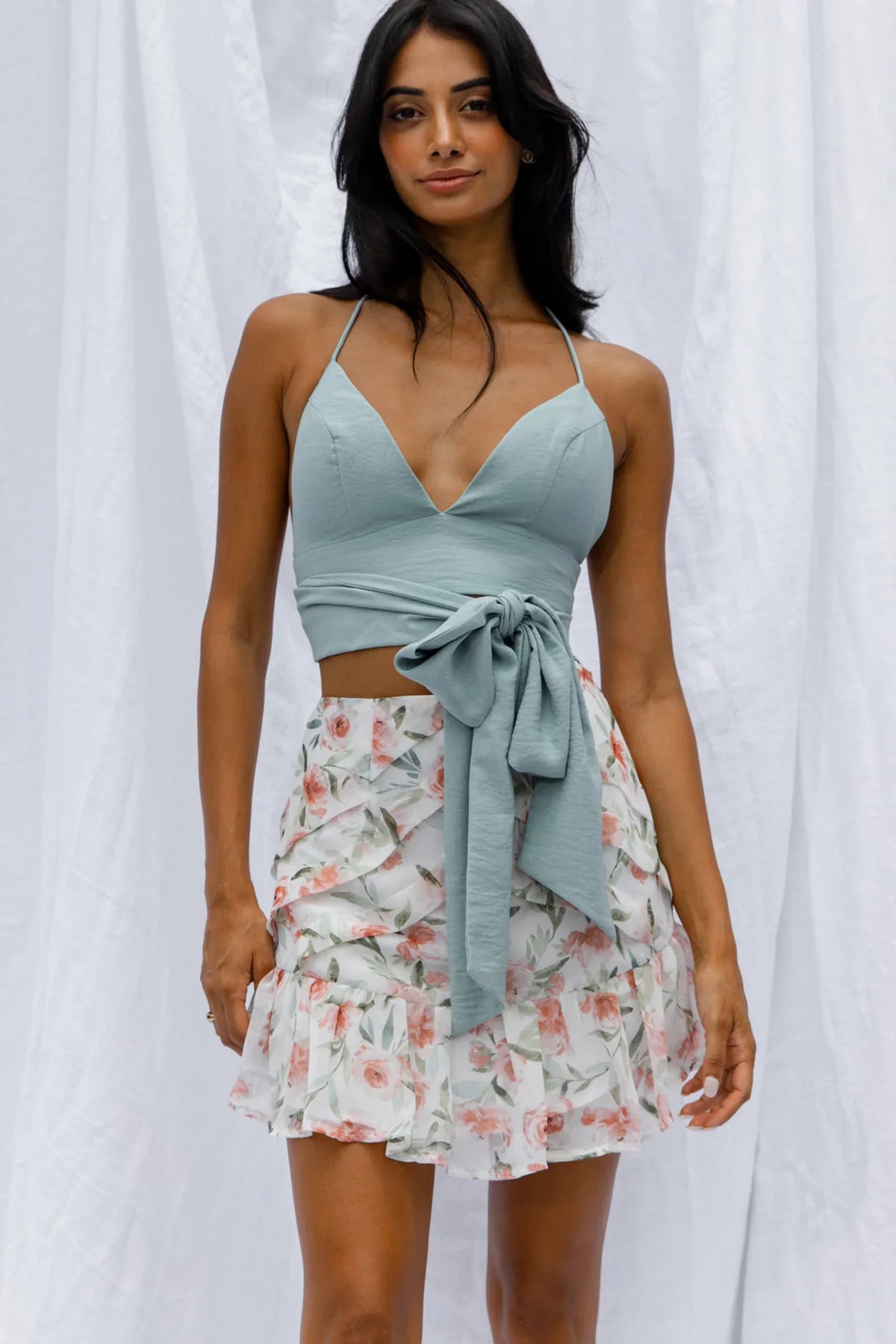 Versa Pintuck Pleat Ruffle Hem Skirt Floral Print White