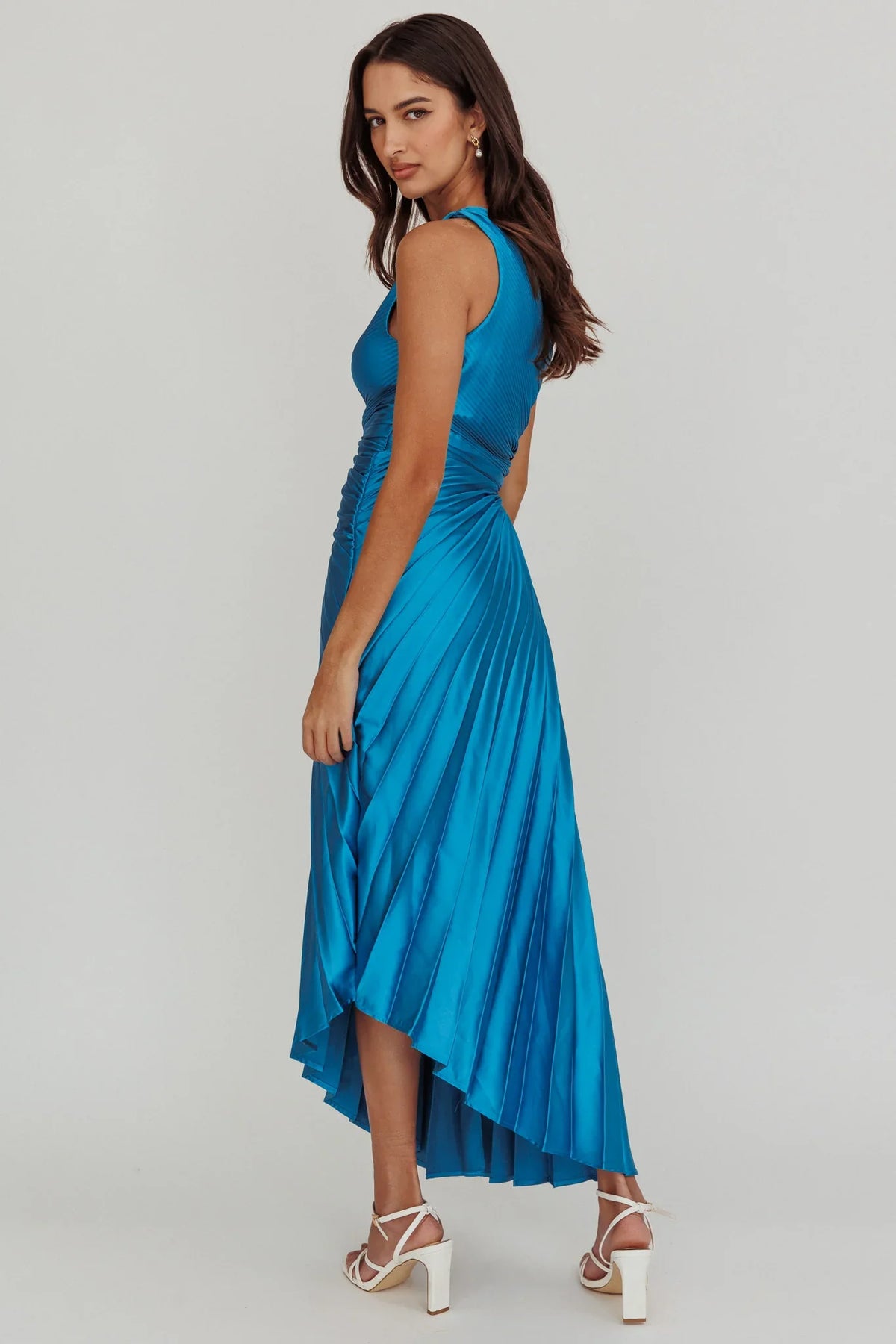 Brooklynn One-Shoulder Accordion Pleat Satin Midi Dress Teal