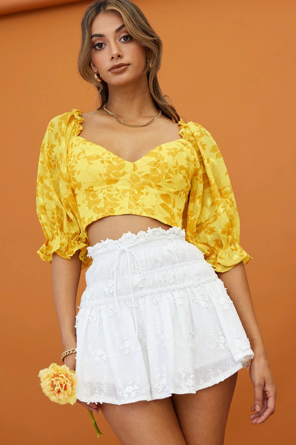 Rosetta Puff Sleeve Keyhole Back Crop Top Floral Print Yellow