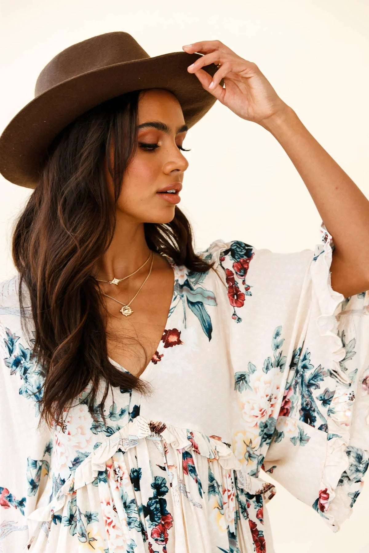 Lynette Loose Fit Angel Sleeve Dress Botanic Print Nude