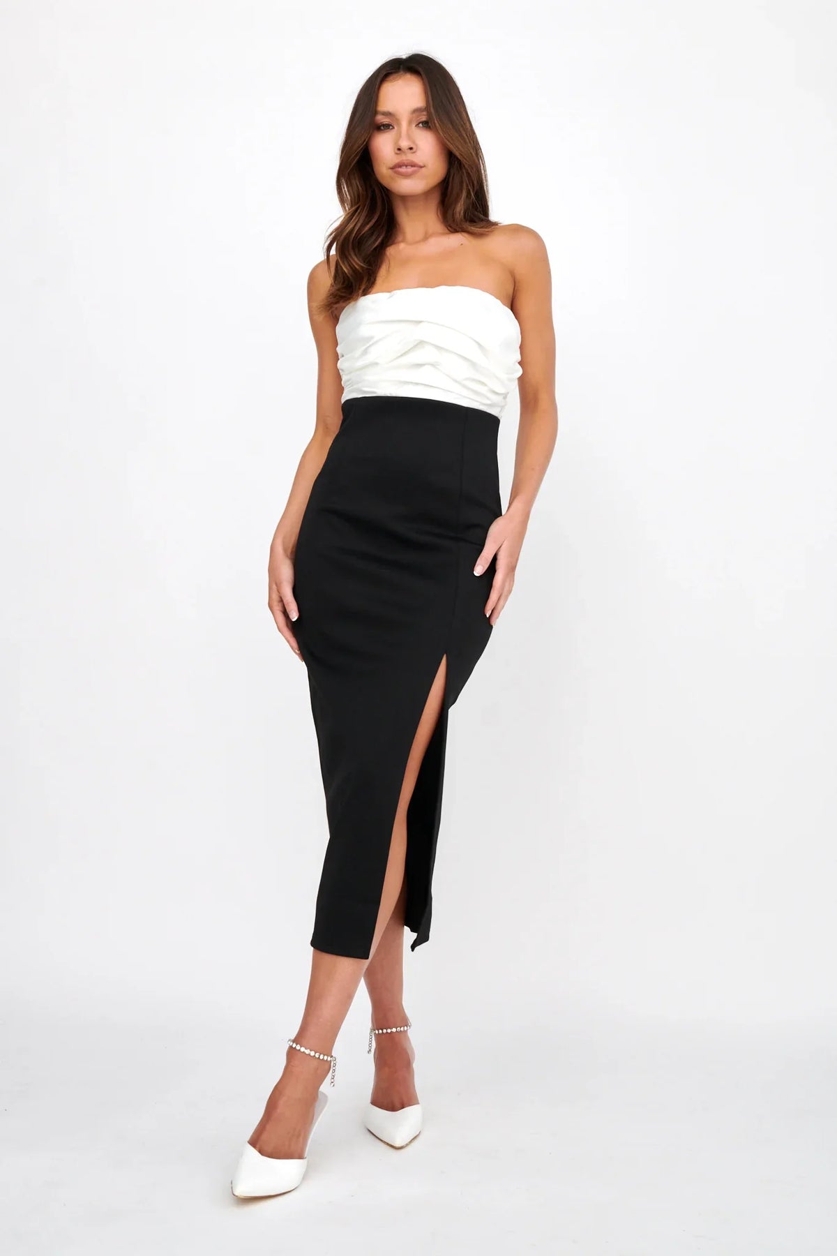 Brandi Strapless Split Midi Dress White/Black
