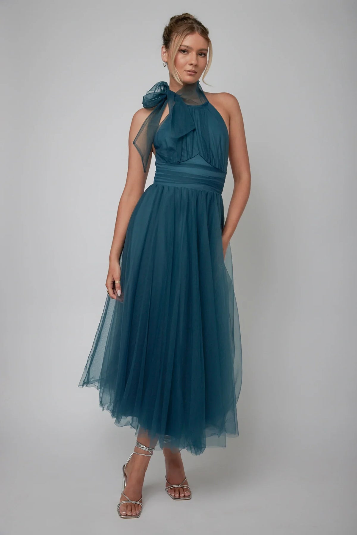 Andria Halterneck Tulle Midi Dress Teal