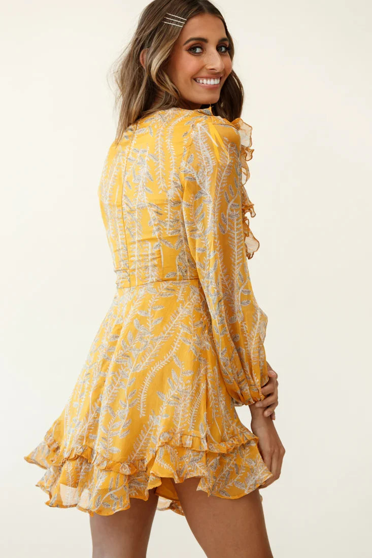 Odette Long Sleeve String Tie Neckline Vine Print Dress Mustard
