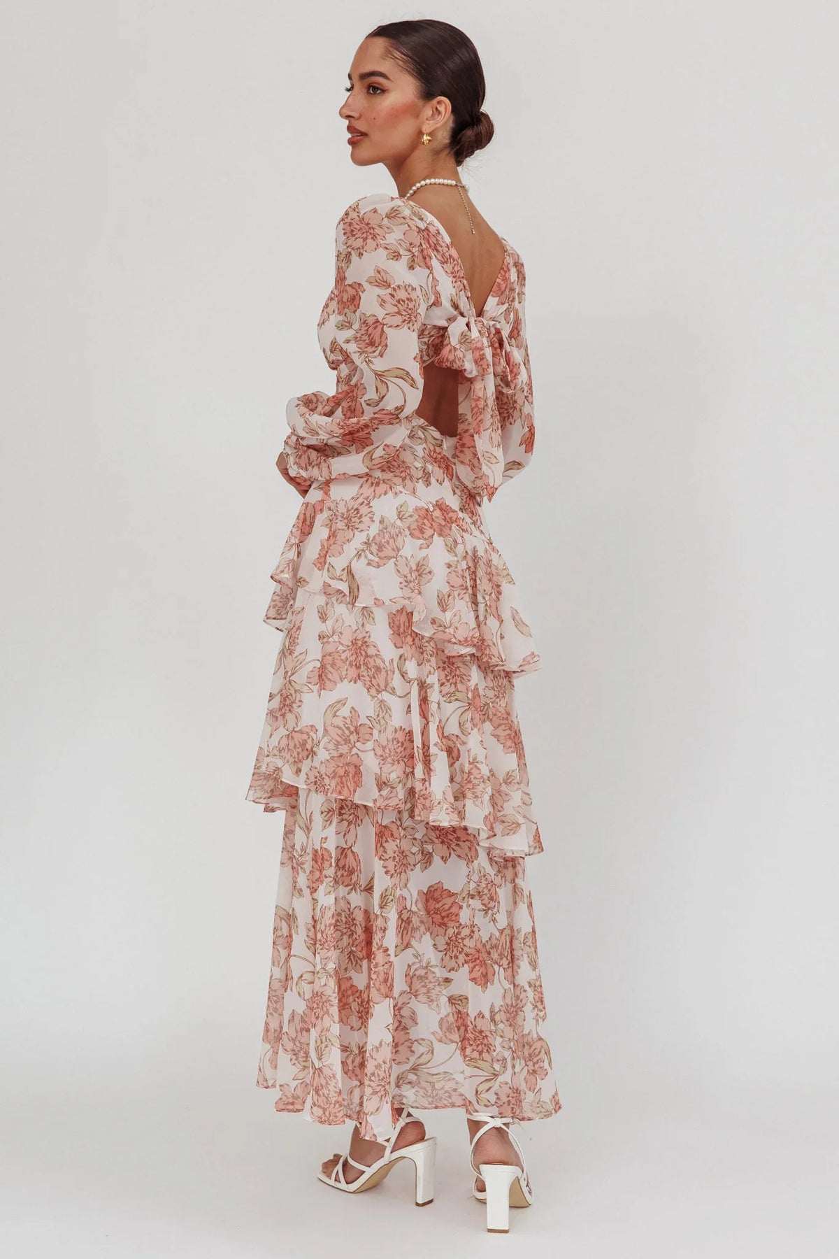 Veda Long Sleeve Floral Tiered Ruffle Maxi Dress Peach
