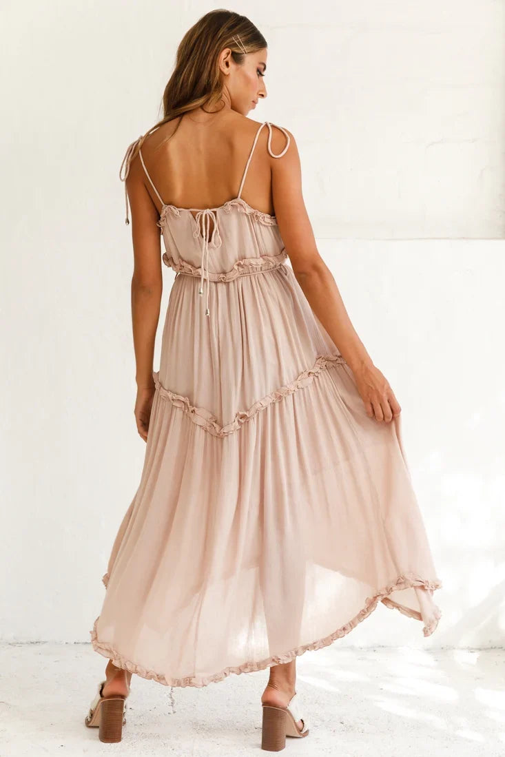 Santa Monica String Tie Maxi Dress Beige