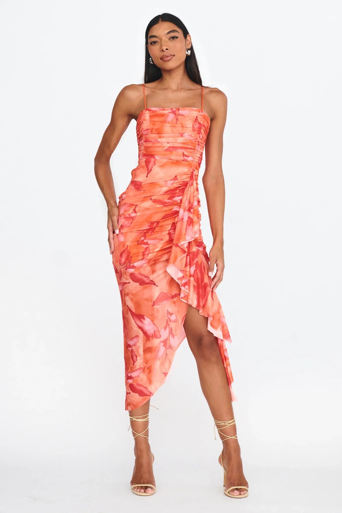 Your Destiny Ruched Asymmetrical Hem Dress Orange