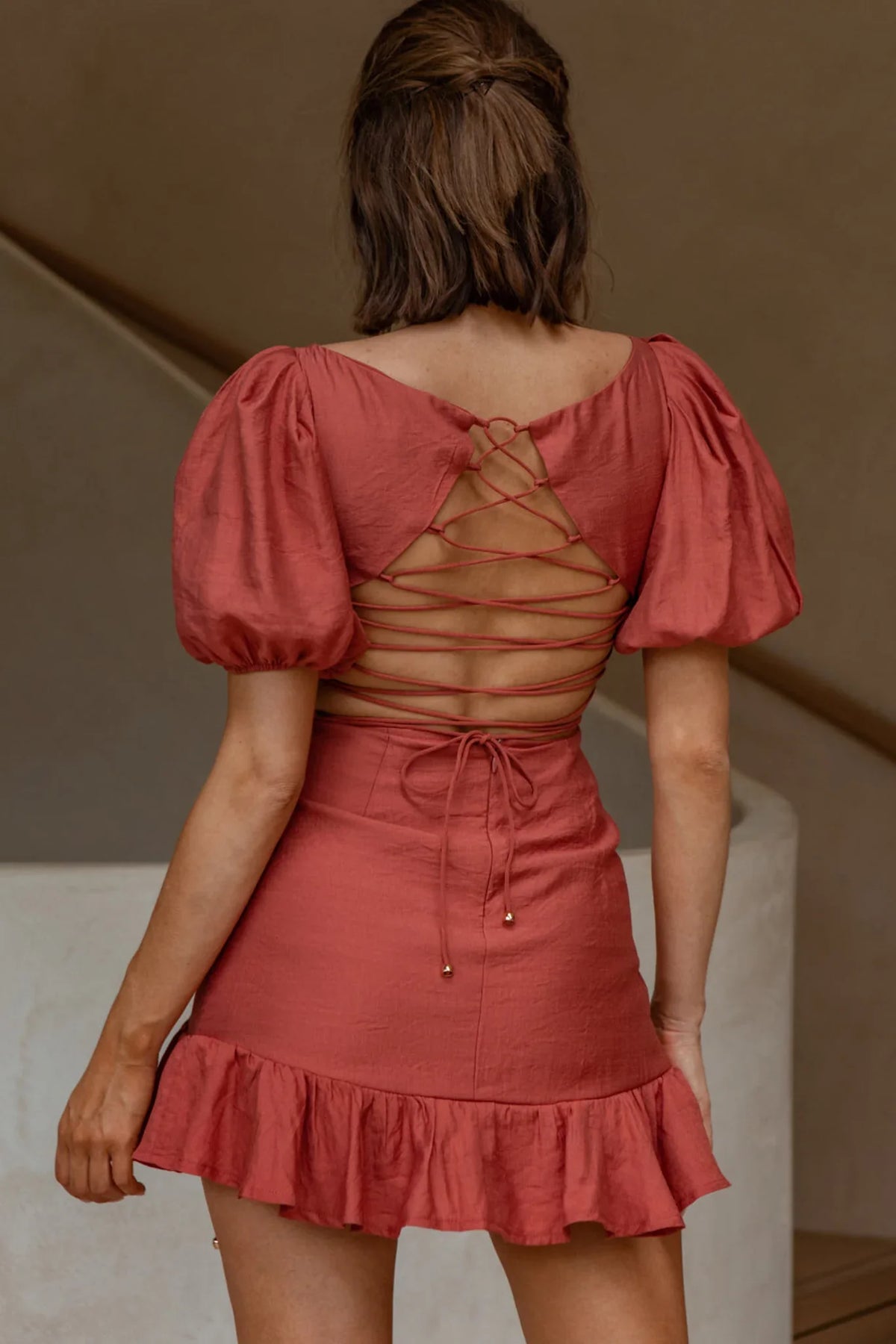 Rhode Puff Sleeve Strappy Back Dress Rose