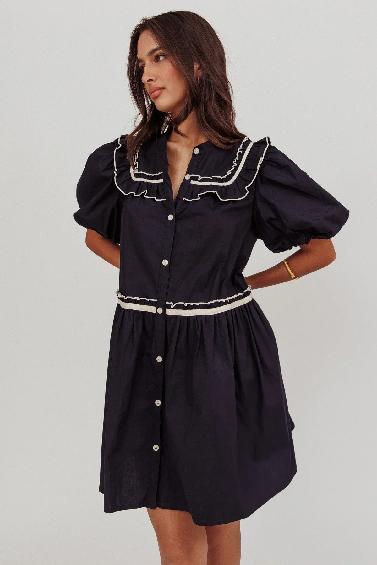 Late Spring Puff Sleeves Ruffle Mini Dress Navy