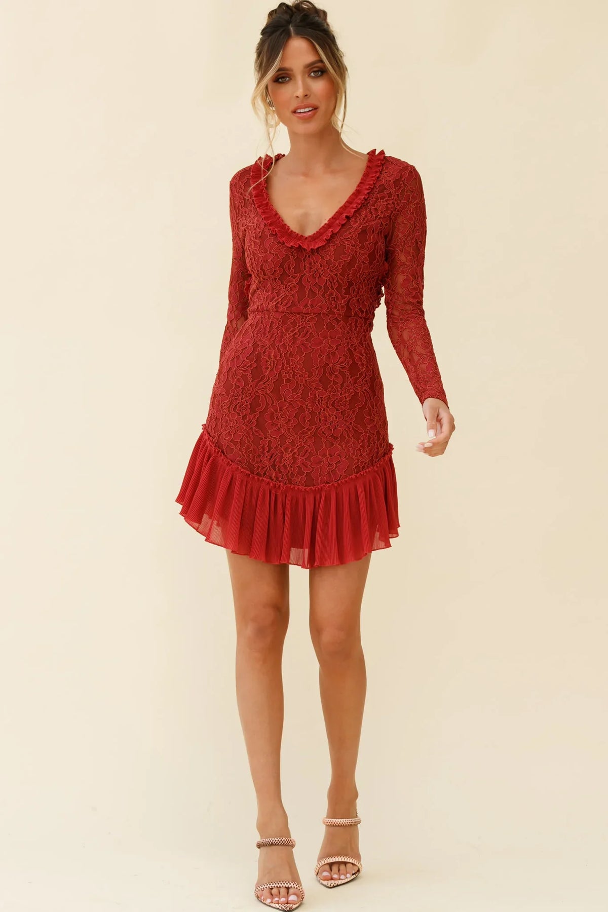 Isabella Long Sleeve Open Back Lace Dress Antique Rose