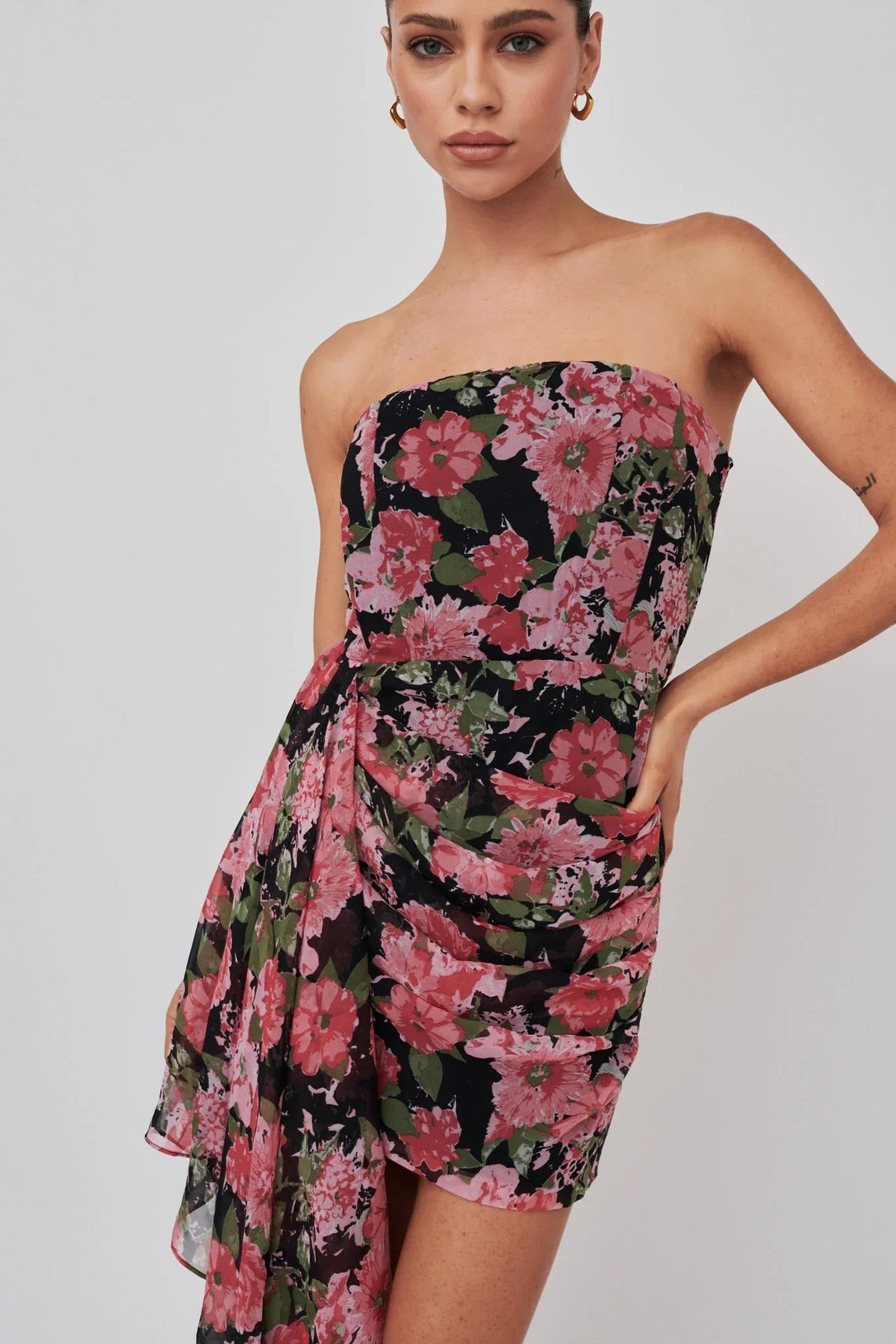 Midnight Sun Strapless Waist Sash Mini Dress Floral Black