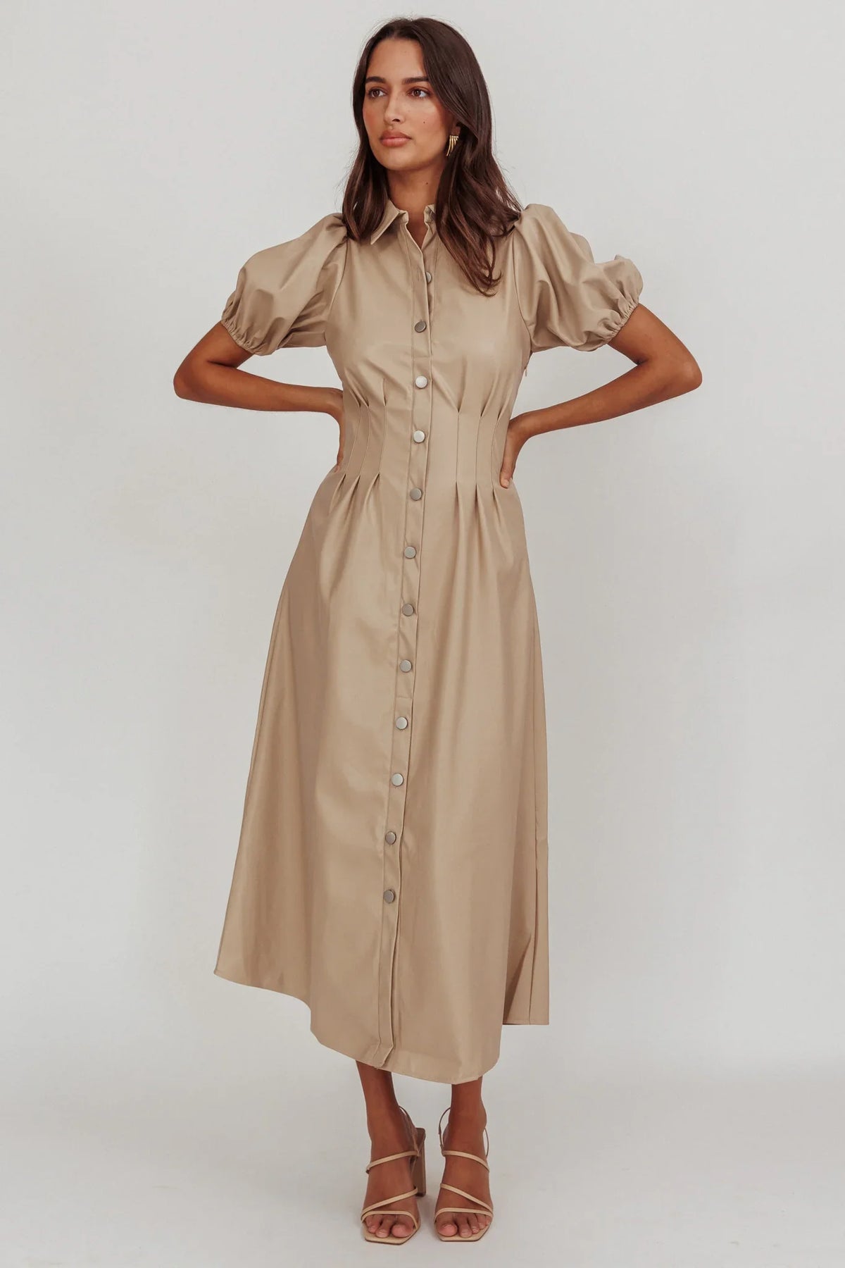 Zurich A-line Puff Sleeve Midi Dress Nude