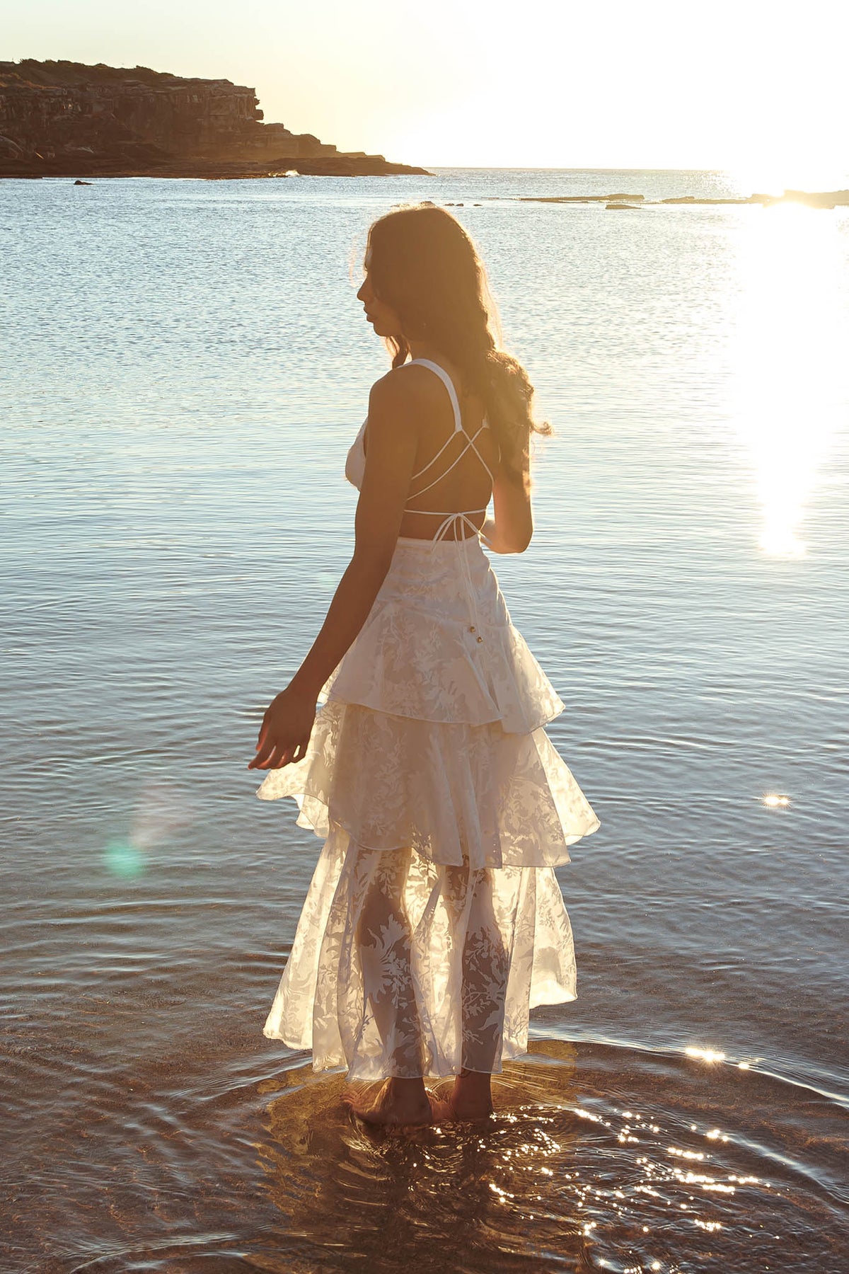 Veda Strappy Back Ruffle Chiffon Maxi Dress White