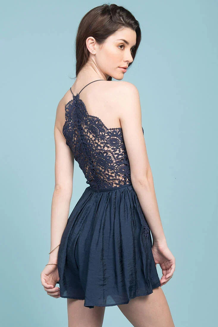 Henley Lace Top Romper Navy