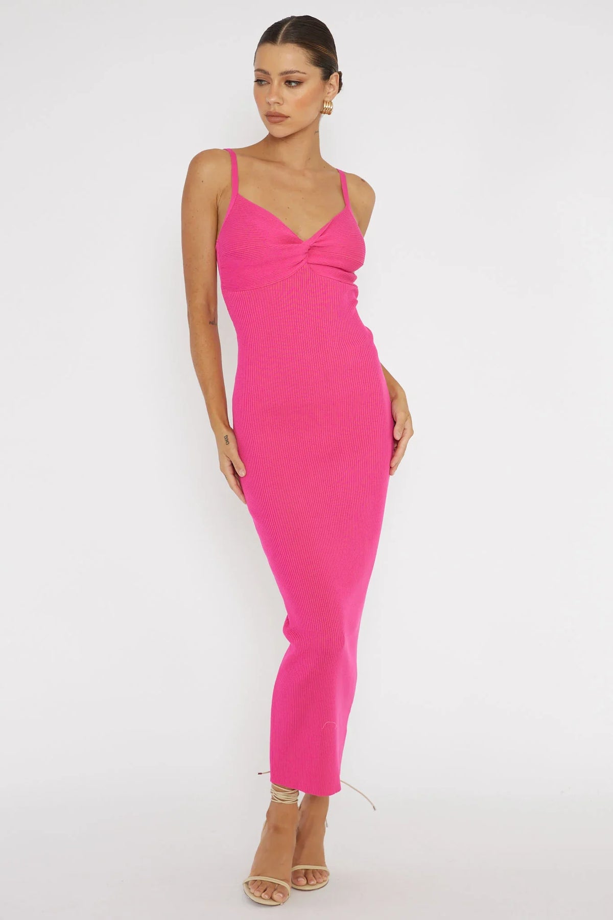 Lover's High Twist Bust Knit Midi Dress Hot Pink