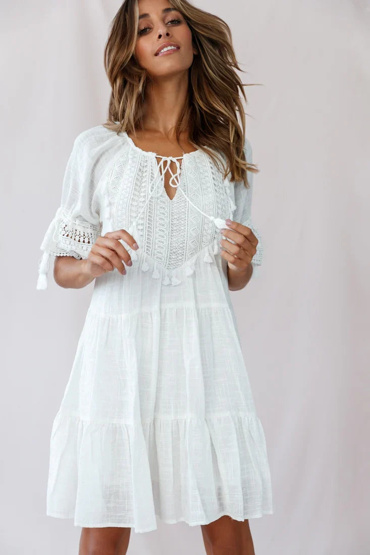 Jada Crochet and Tassel Kaftan Dress White
