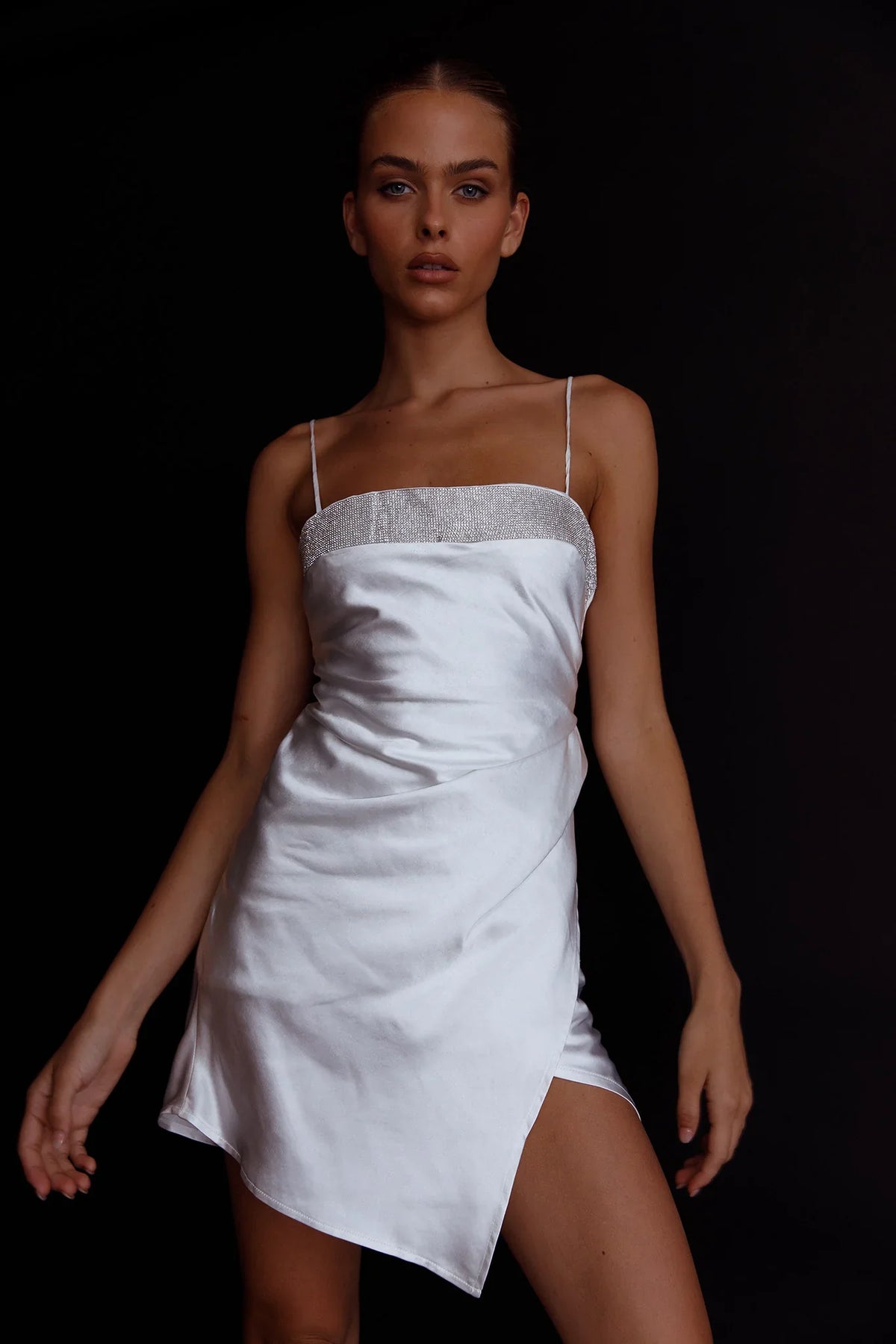 Making Headlines Diamante Neckline Mini Dress White