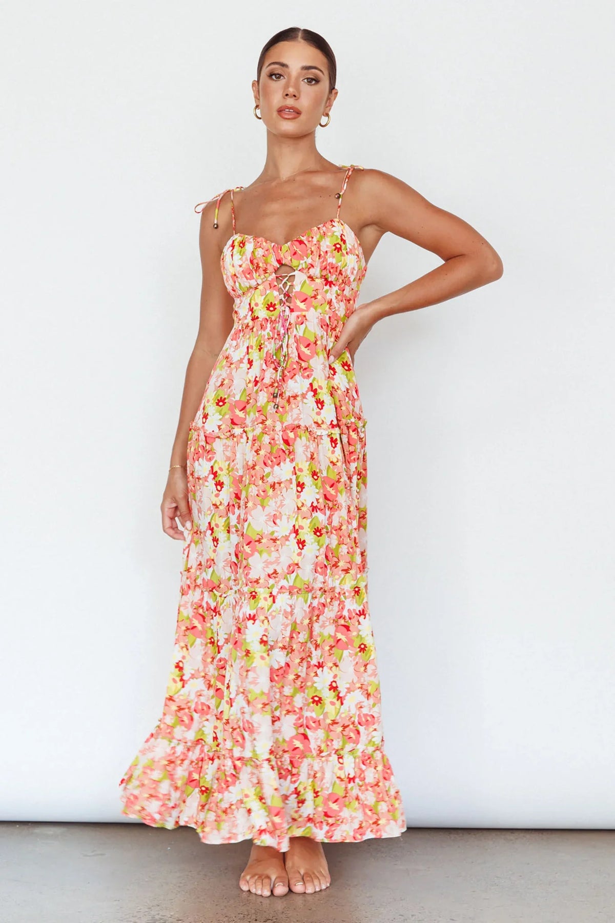 Kinlee Lace-Up Bodice Maxi Dress Floral Pink