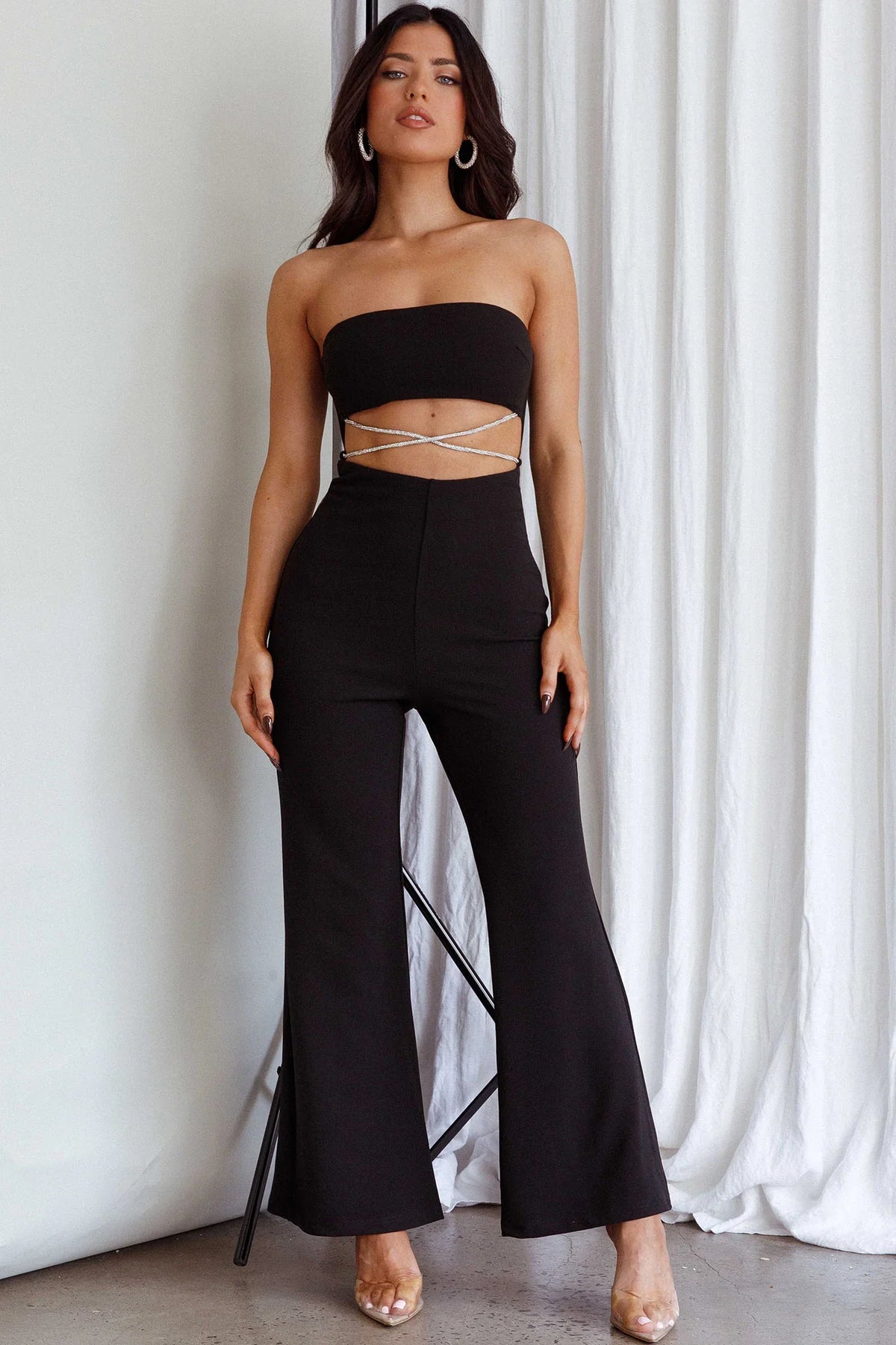 Nohemi Strapless Diamante Jumpsuit Black