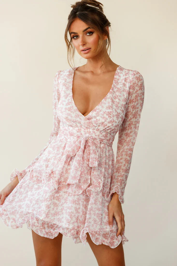 Greta Tiered Ruffle Chiffon Dress Floral Pattern Blush