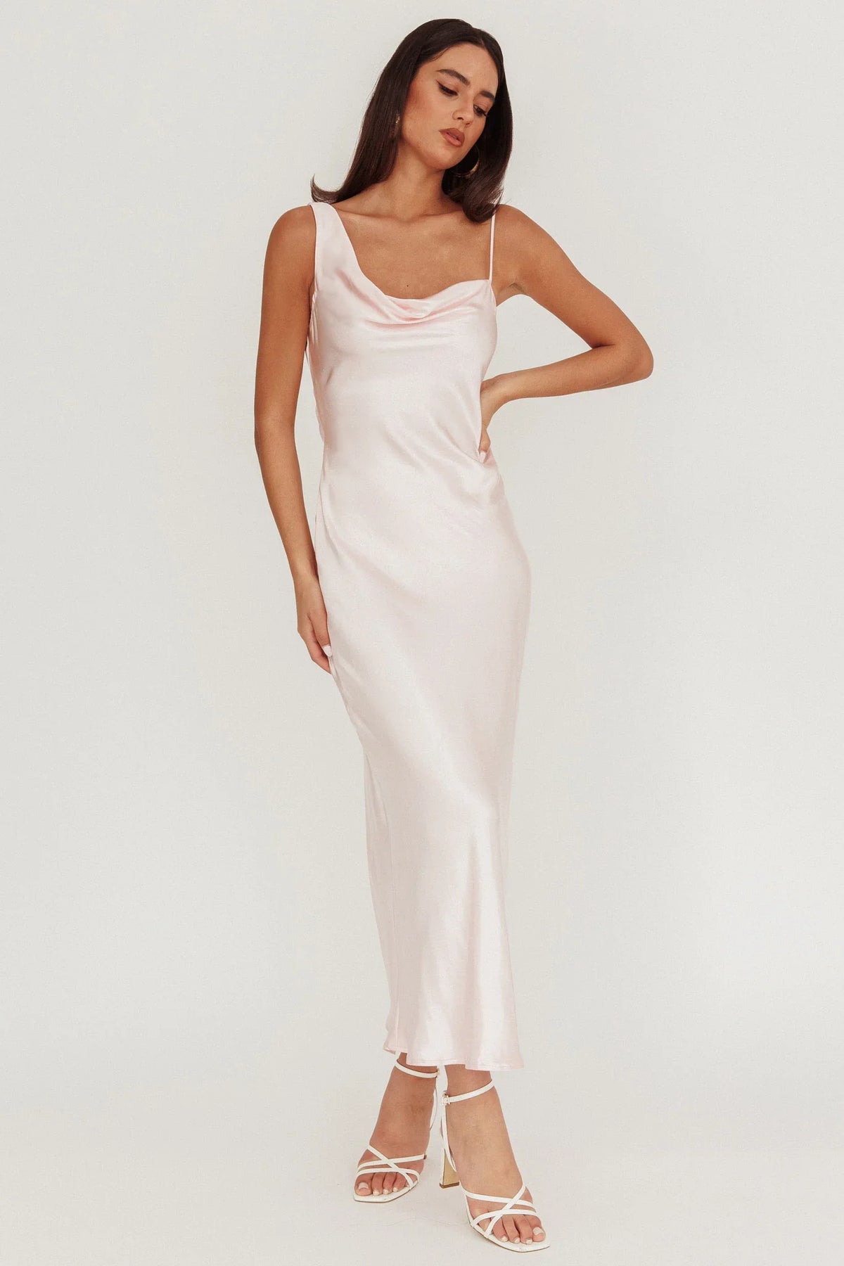 Treats Cowl Back Satin Maxi Dress Baby Pink