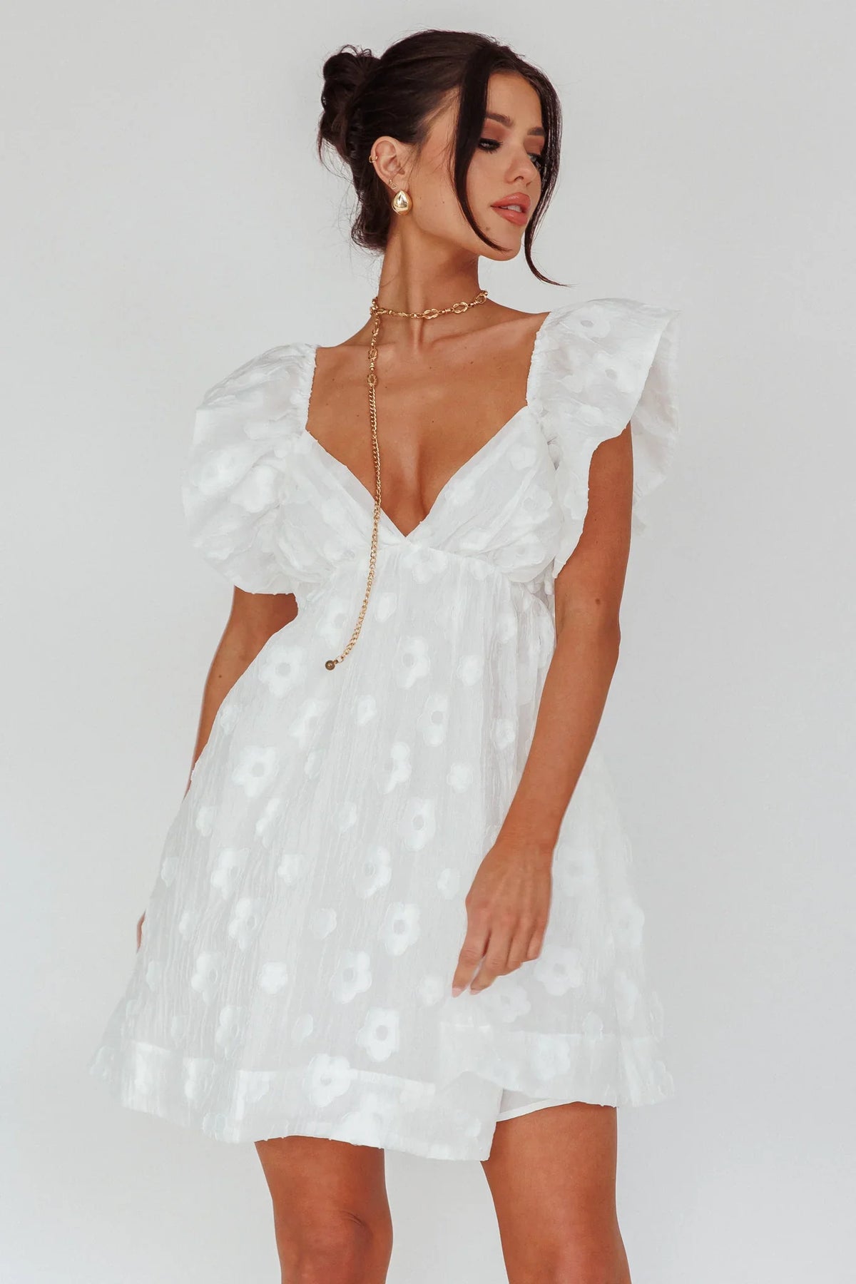 Melrose Place Floral Textured Frill Dress White